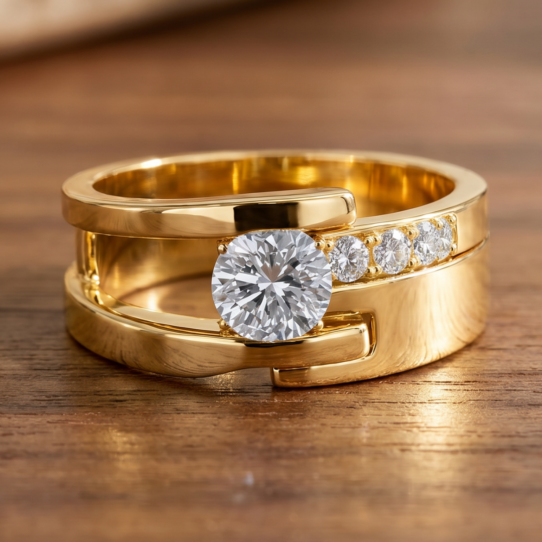 Retro-Inspired Gold Asymmetrical Zirconia Ring