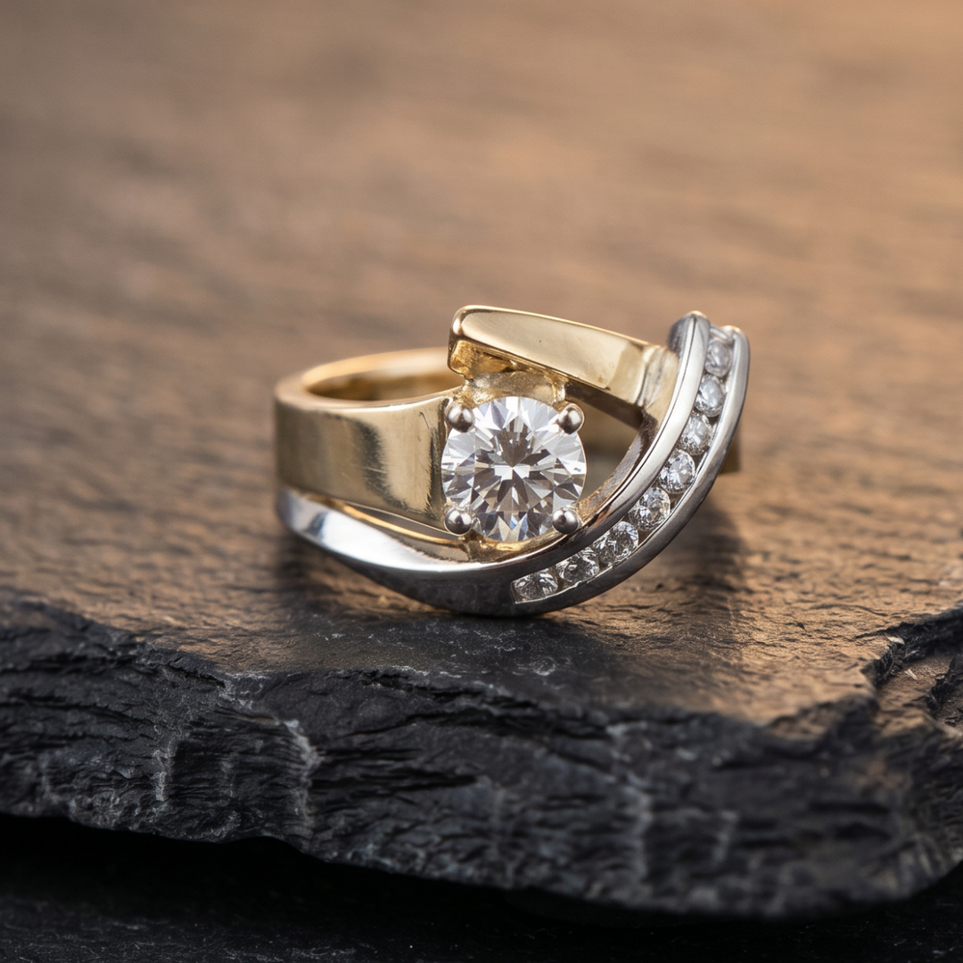 Retro Asymmetrical Gold and Silver Zirconia Ring