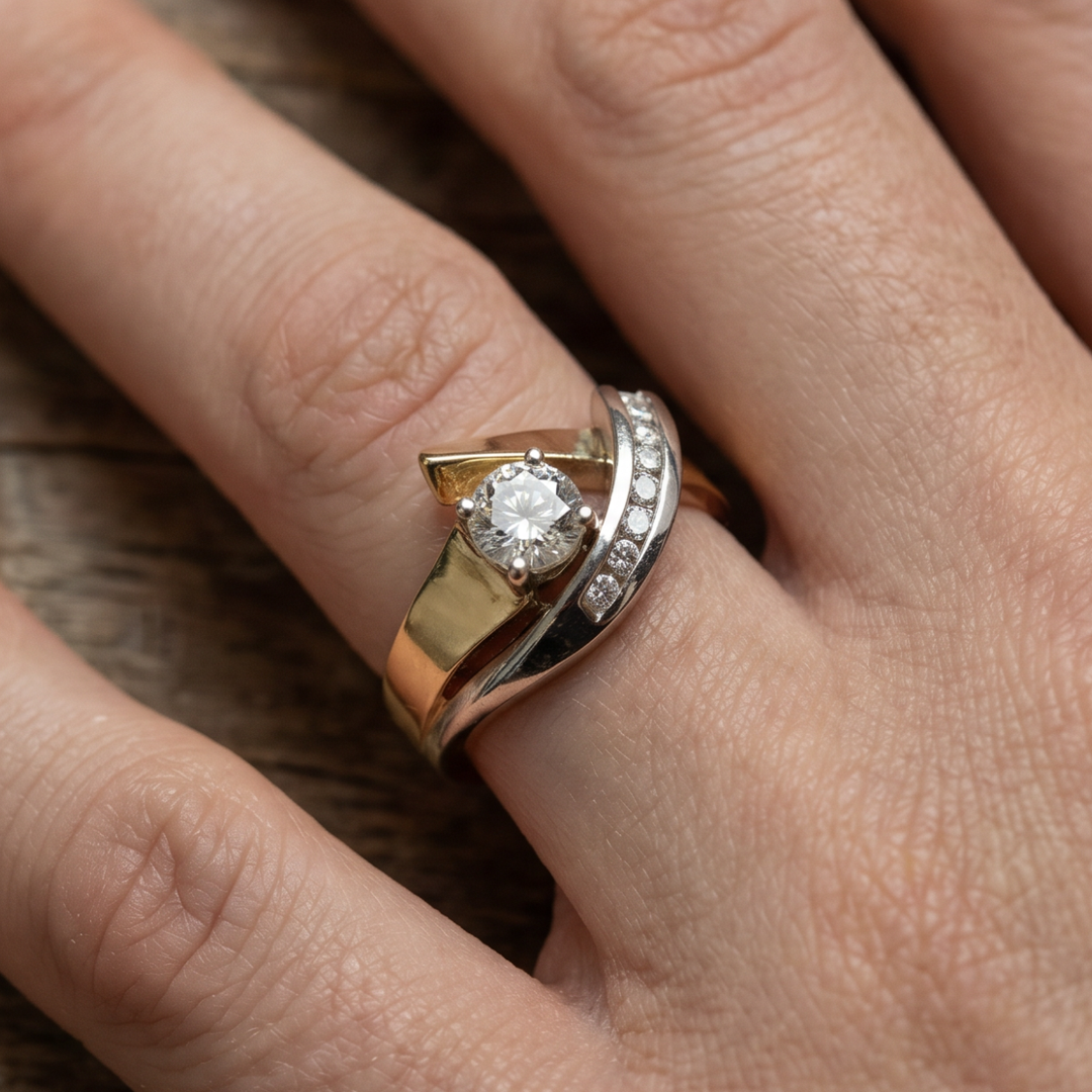 Vintage Asymmetrical Gold and Silver Zirconia Band