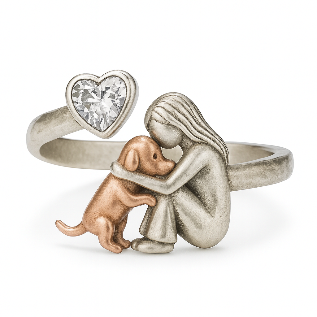 Ρυθμιζόμενο Χειροποίητο Δαχτυλίδι Σκύλου από 925 Ασήμι με Καρδιά Ζιρκόνια