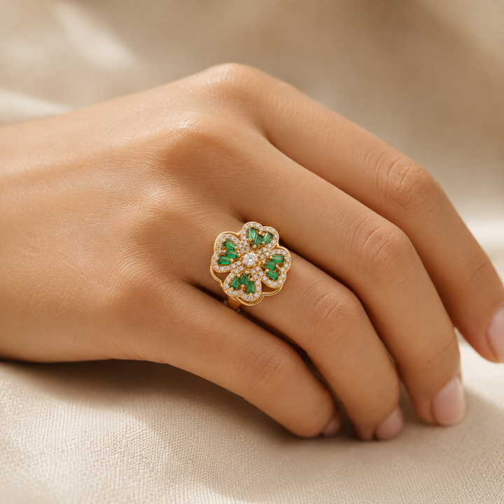 Emerald Floral Gold Ring