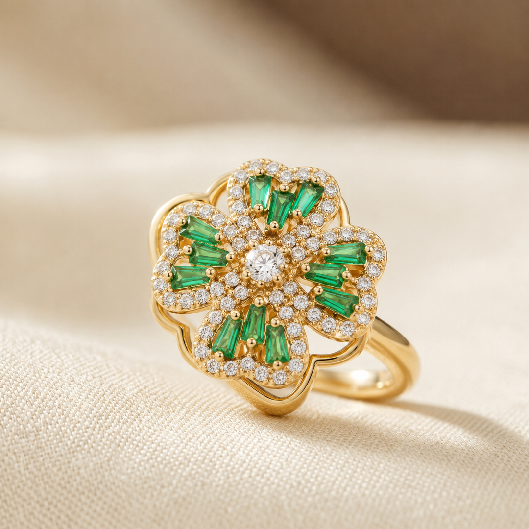 Emerald Floral Gold Ring