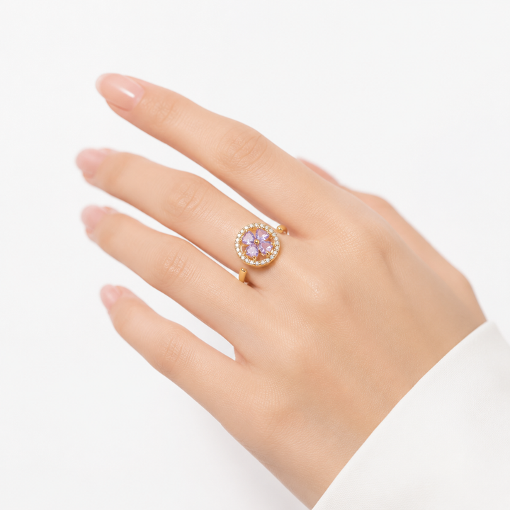 Sapphire Accented Gold Ring with Floral Motif