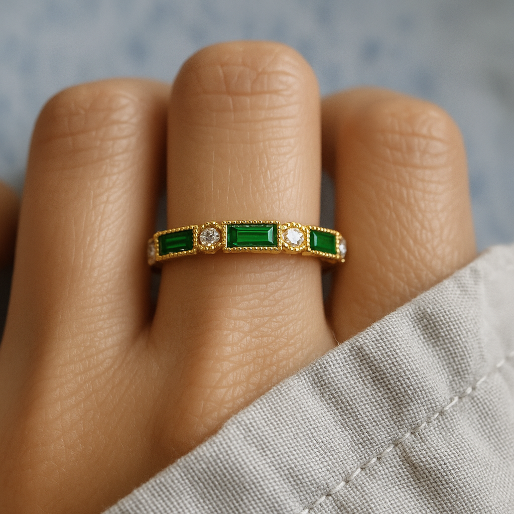 Alex - Gold Band Featuring Green Inlaid Zirconia