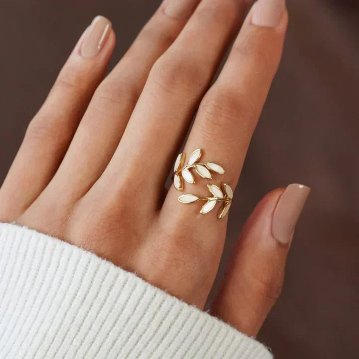 Pure - Adjustable Leaf-Inspired Ring Featuring White Opal