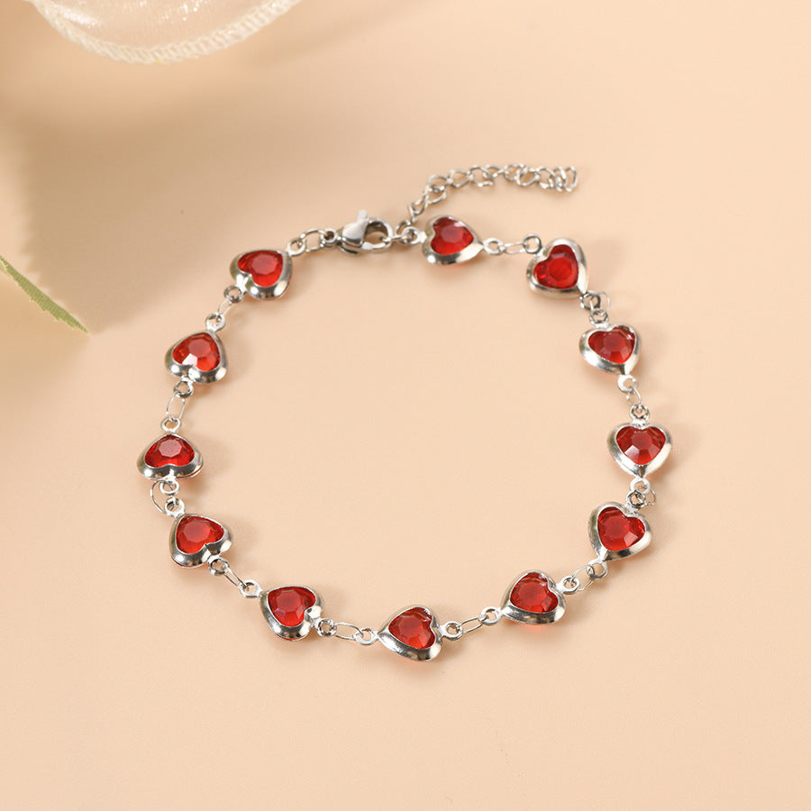 Silver Chain Bracelet with Ruby Heart Charm