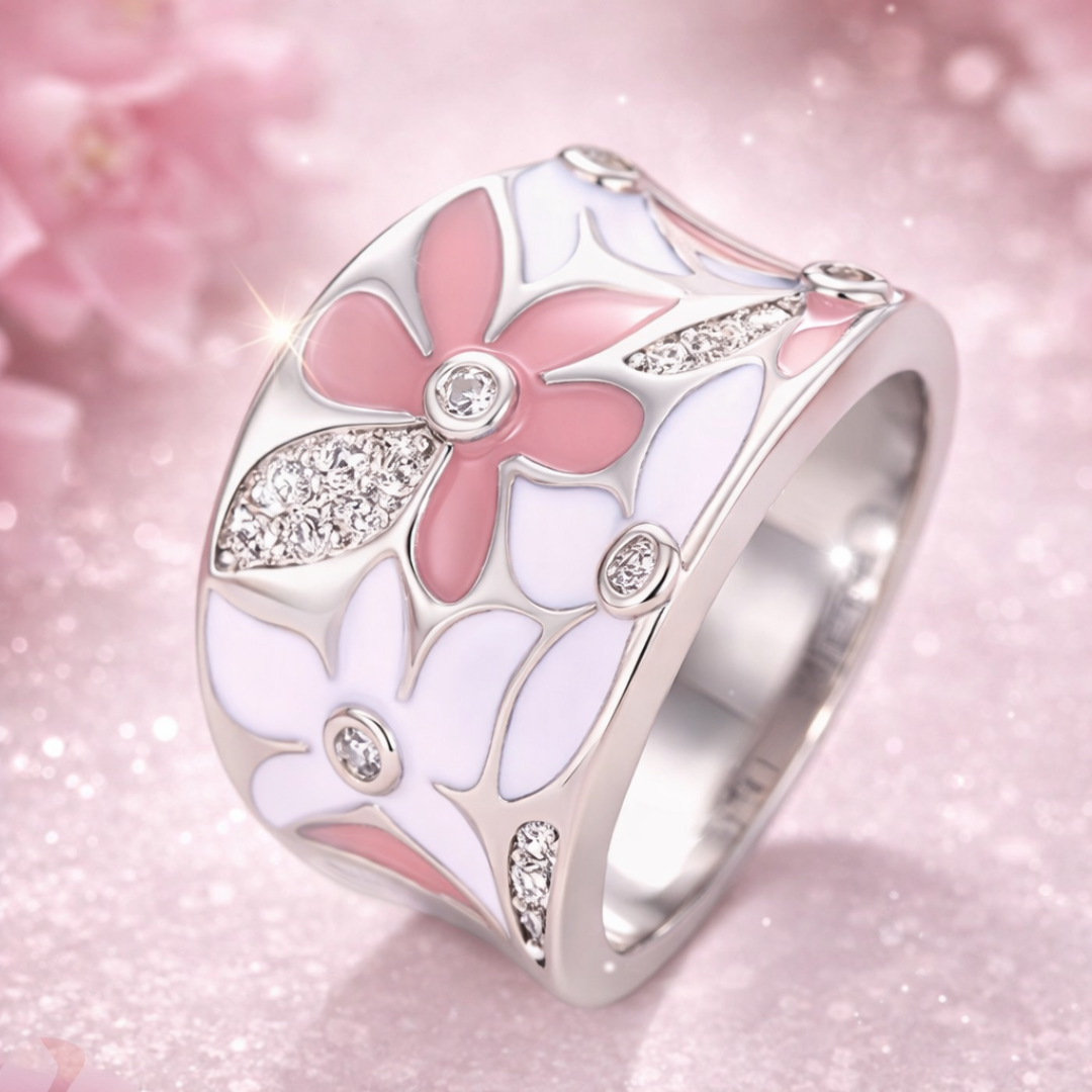 Retro Silver Ring with Pink Floral Design