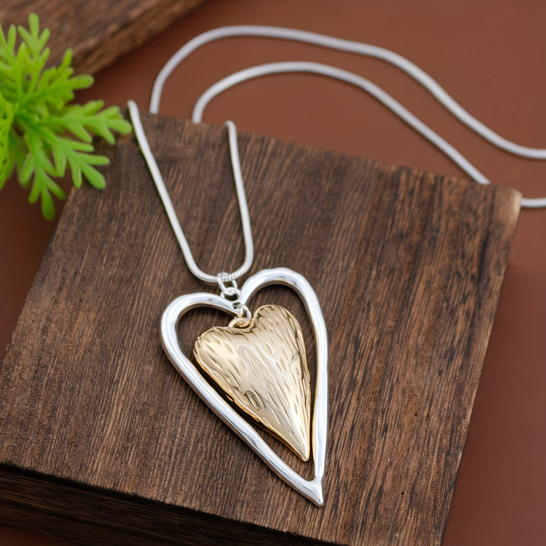 Antique Silver and Satin Gold Heart Charm Necklace