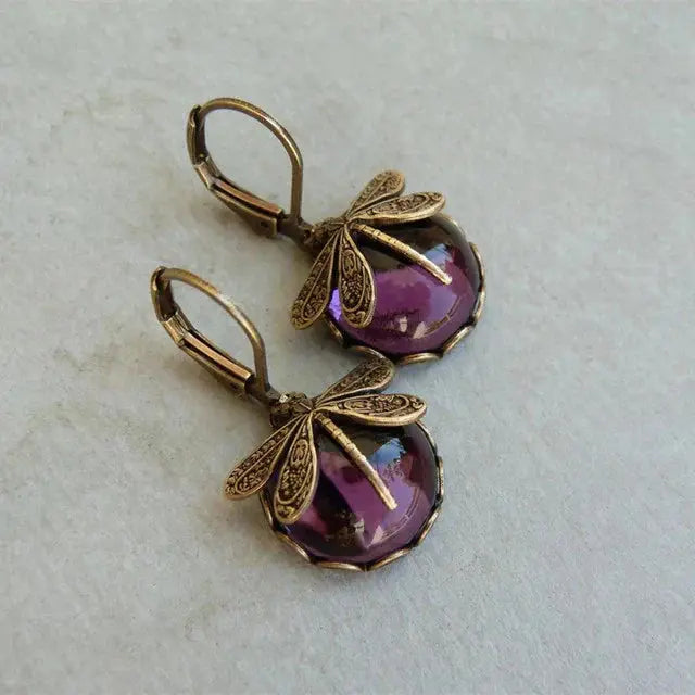 Vintage-Inspired Gold Round Dragonfly Earrings