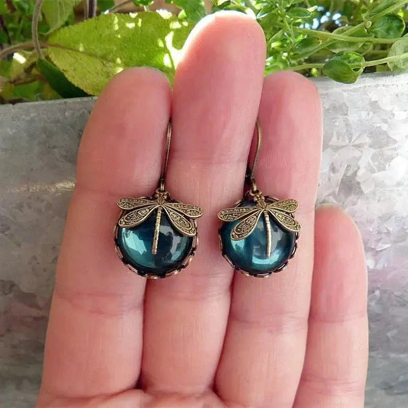 Vintage-Inspired Gold Round Dragonfly Earrings