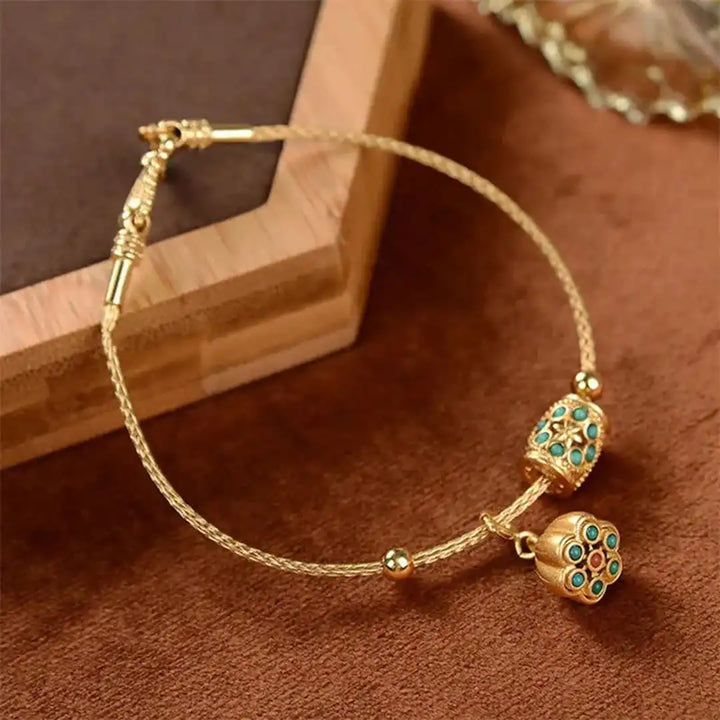 Antique Gold and Turquoise Lotus Cuff Bracelet