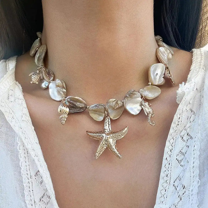 Bohemian Sea Star Pendant Necklace with Stone Accents