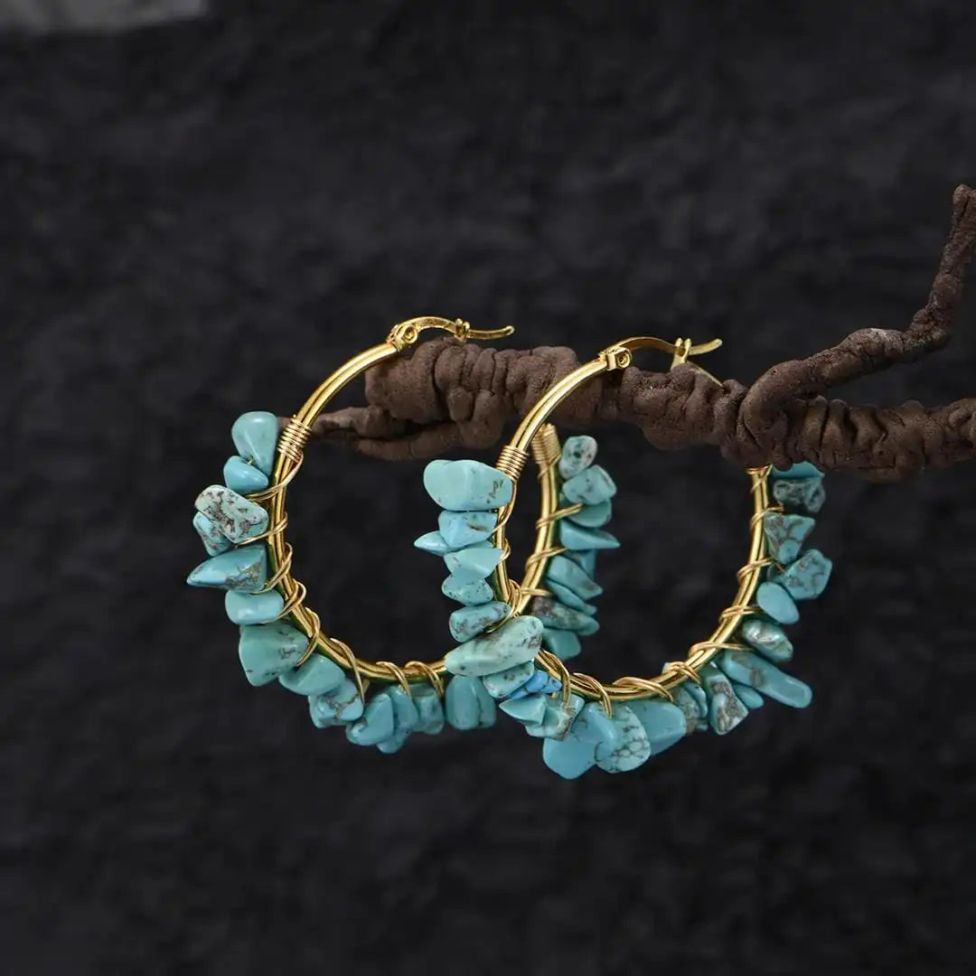 Turquoise Stone Drop Hoop Earrings