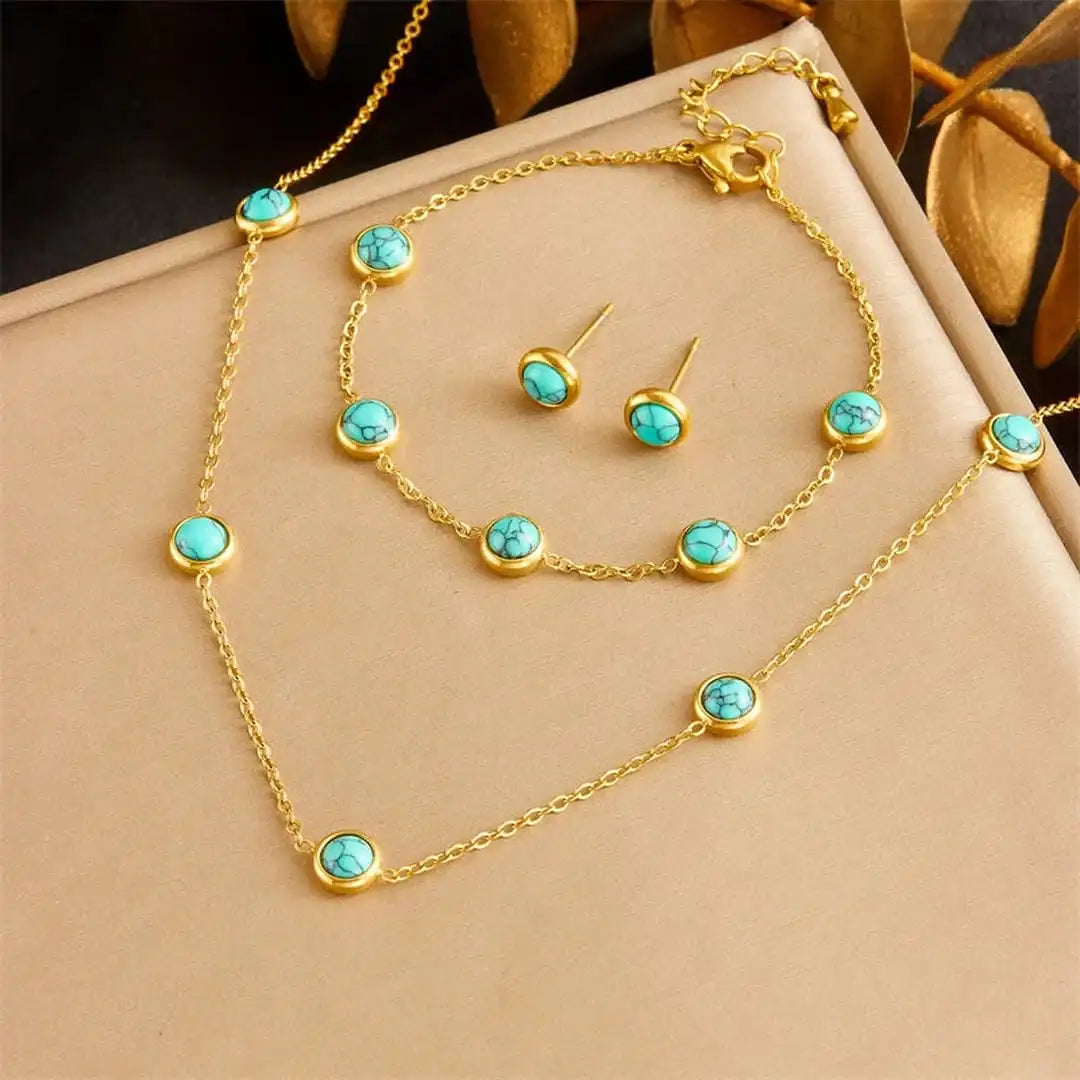 Bohemian-Inspired Silver Jewelry Set with Turquoise Necklace, Earrings, and Bracelet