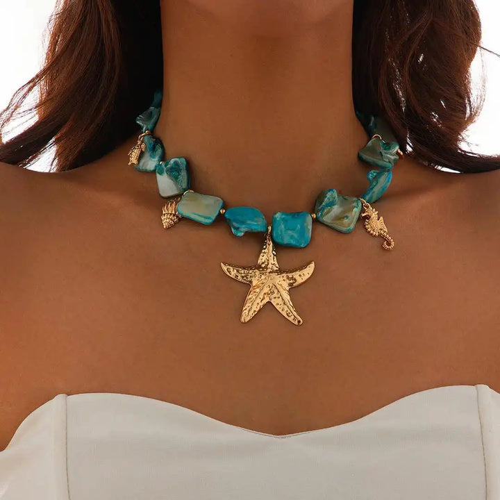Bohemian-Inspired Starfish Pendant Necklace with Stone Accents