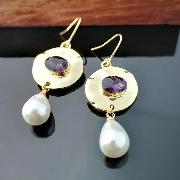 Purple Zirconia-Studded Pearl Earrings