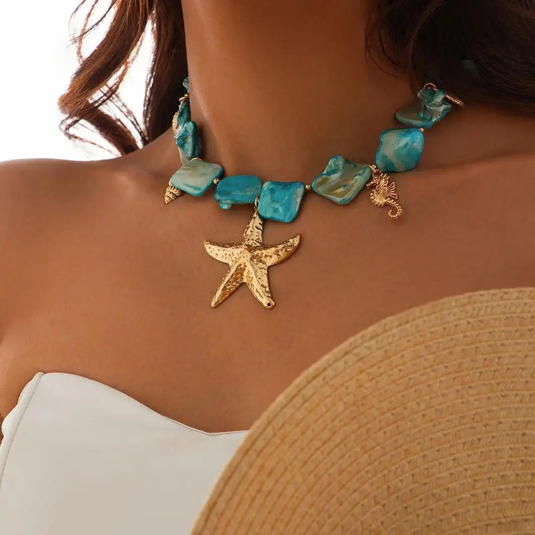 Bohemian Starfish Pendant Necklace with Gemstone Details