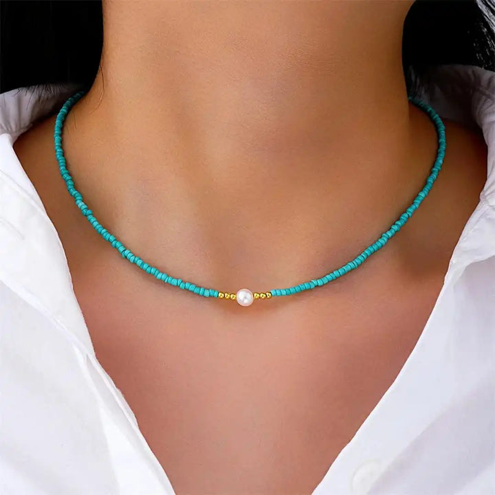 Turquoise Beaded Necklace Adorned with Baroque Pearls