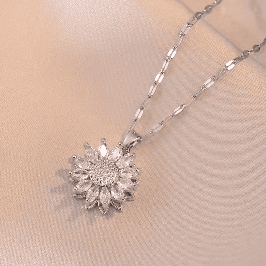 Elegant Silver Sunflower Zircon Jewelry Collection: Necklace and Earring Set