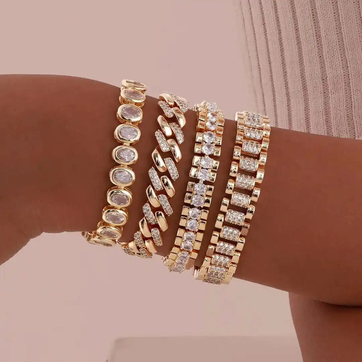 Gold Chunky Cubic Zirconia Adjustable Bracelet Set