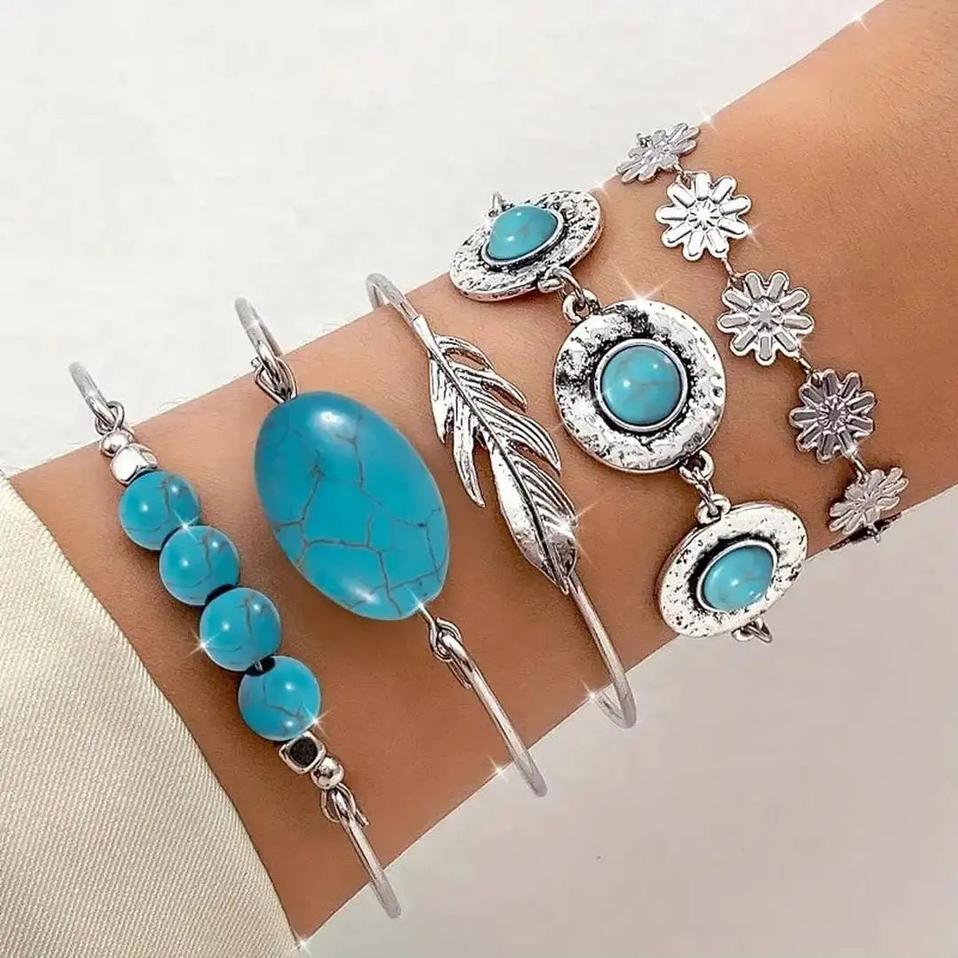 Antique Silver Turquoise Blossom Bracelet Collection