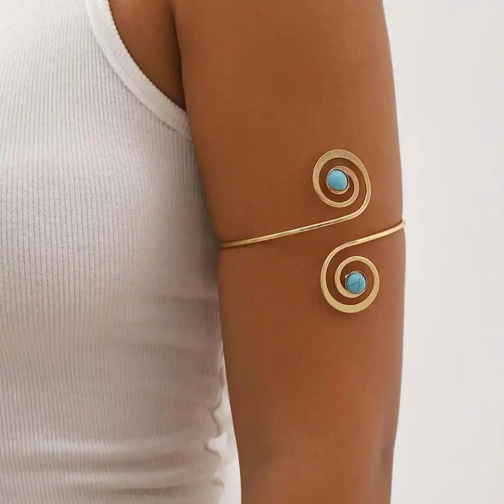Bohemian Turquoise Crescent Moon Silver Arm Cuff Bracelet