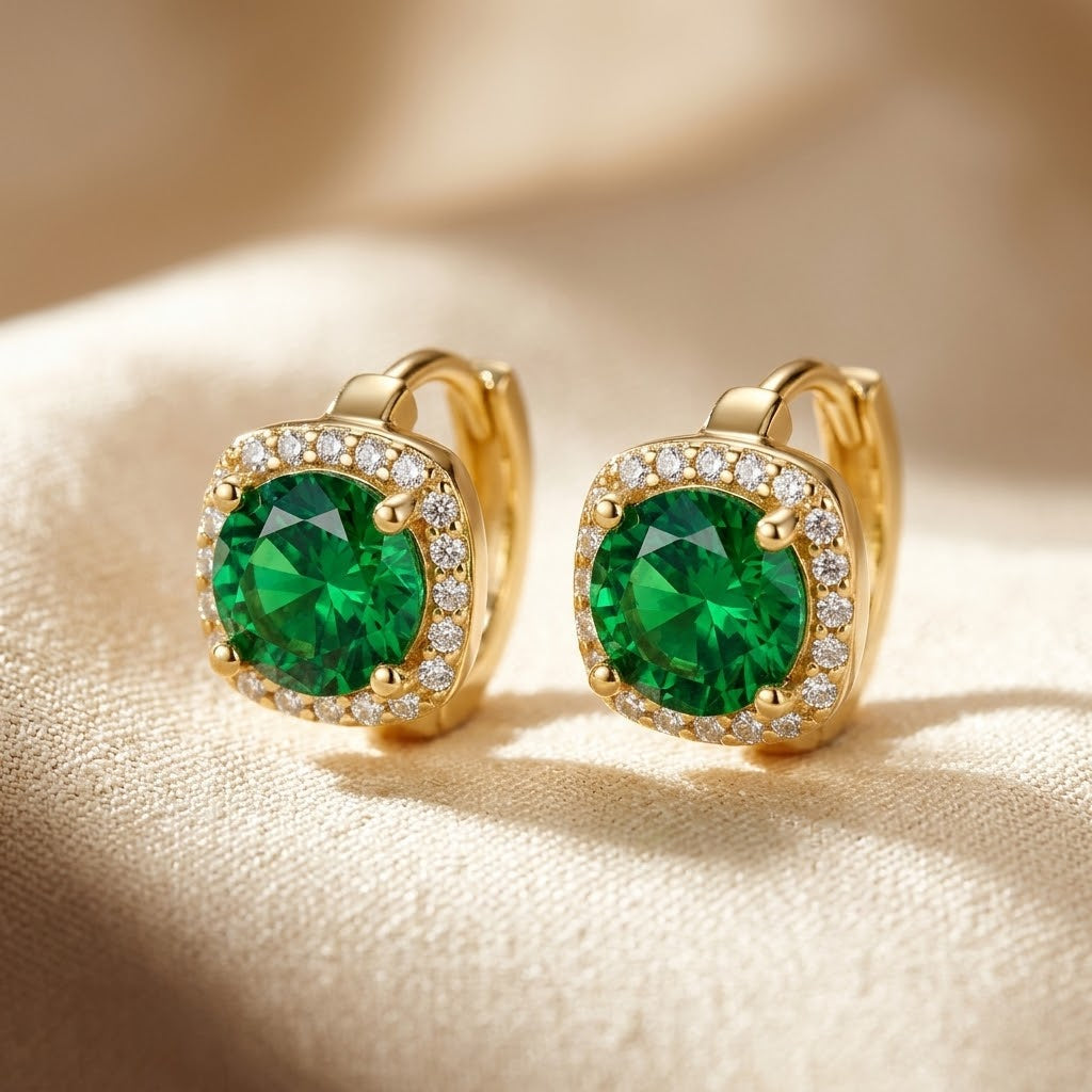 Emerald-Studded Gold Hoop Earrings