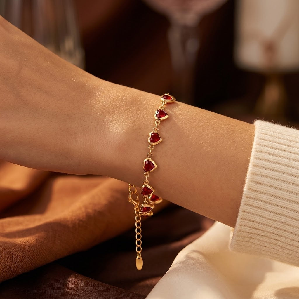 Ruby Heart Chain Bracelet in Gold