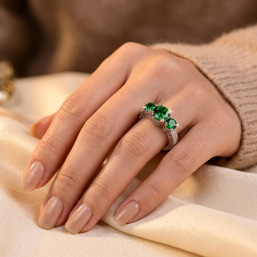 Emerald and Silver Three-Stone Ring