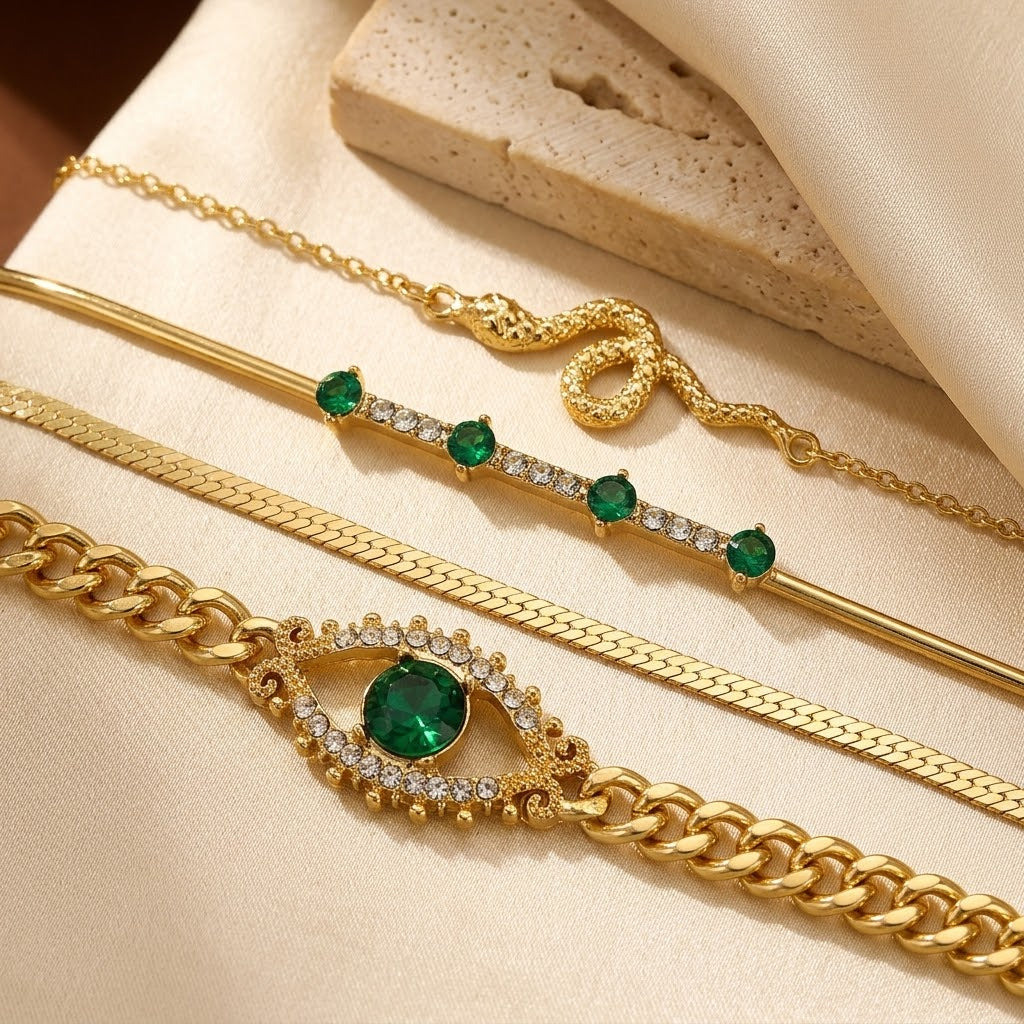 Emerald and Gold Charm Bracelet Duo