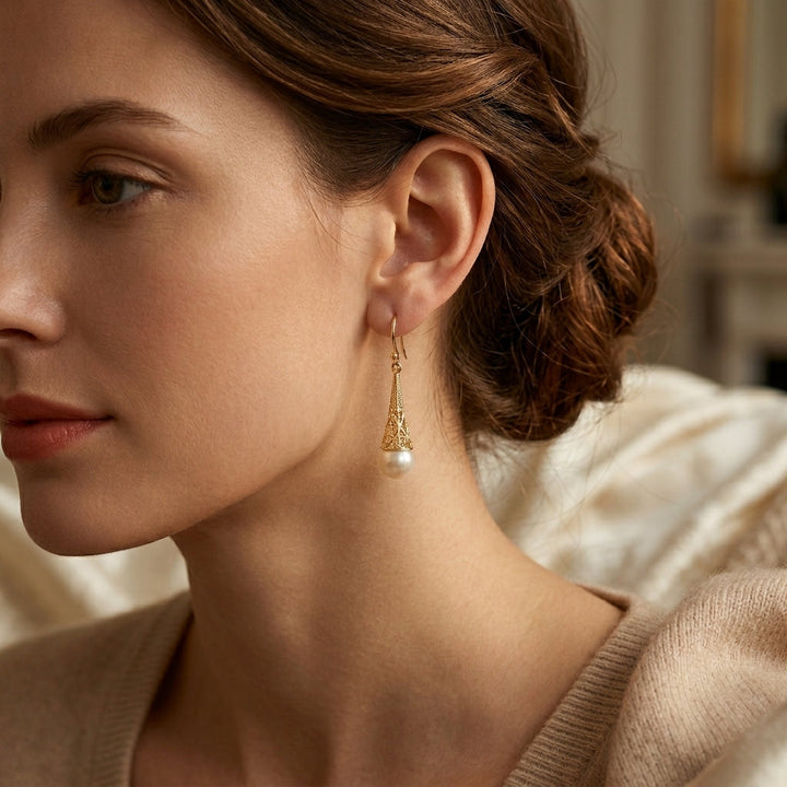 Elegant Pearl Drop Earrings with Gold Filigree Design