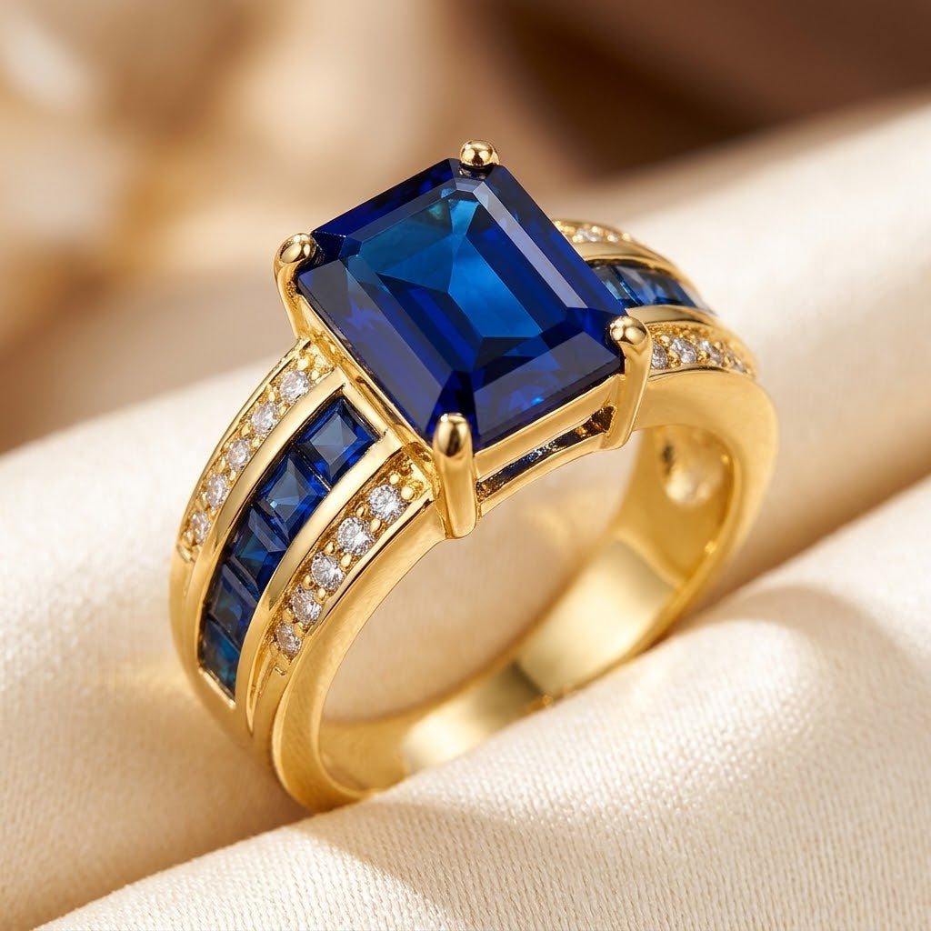 Sapphire-Studded Square Gold Ring