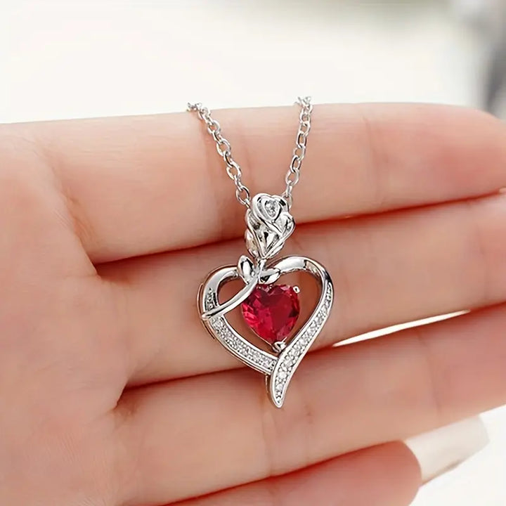 Silver Necklace with Ruby Heart Pendant