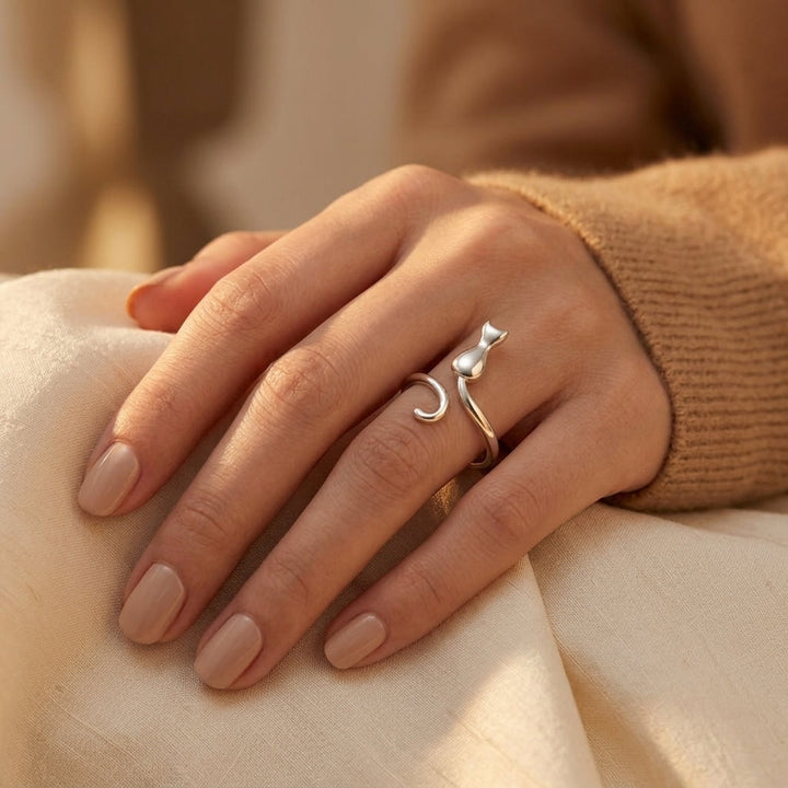 Silver Cat Design Ring