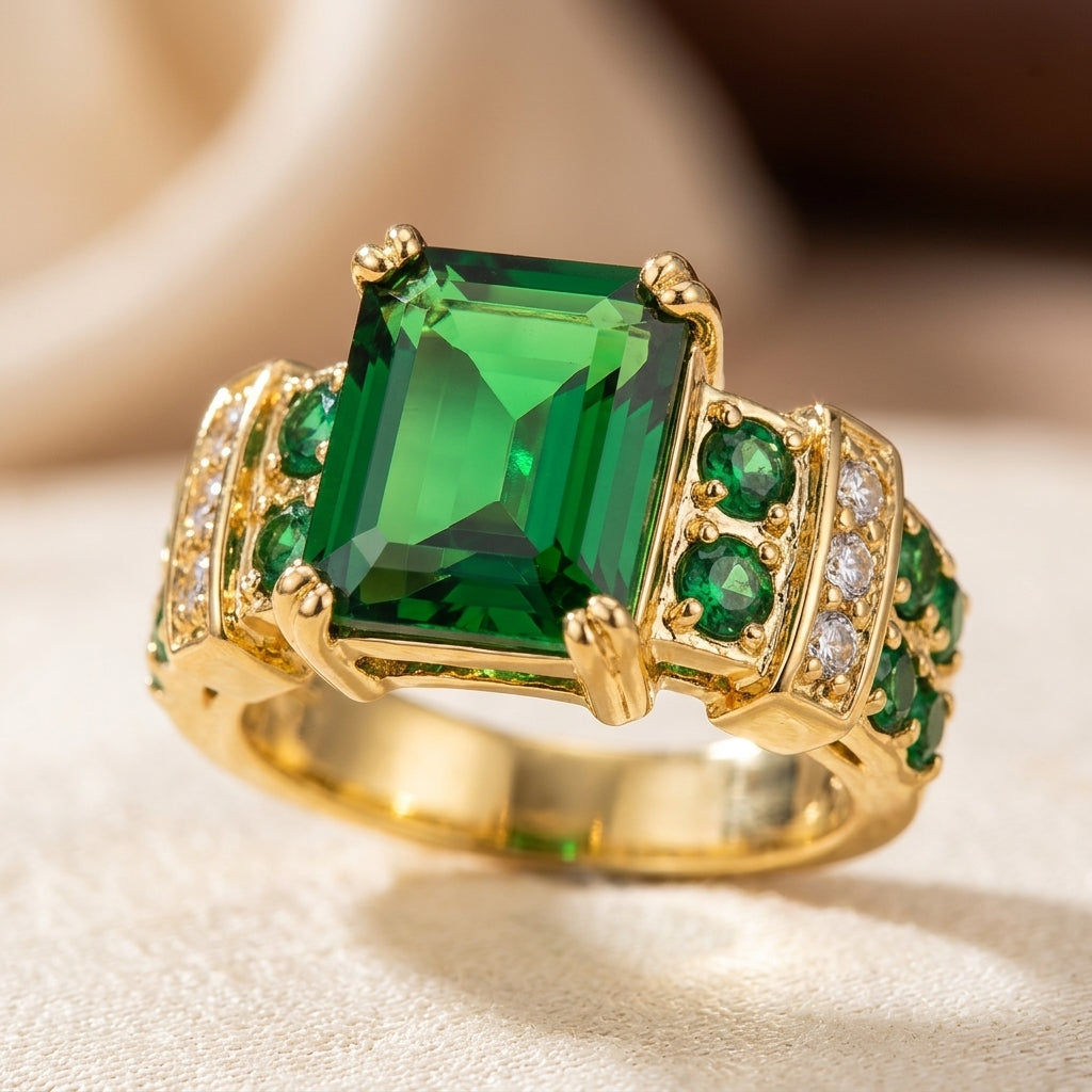 Gold and Emerald Geometric Ring