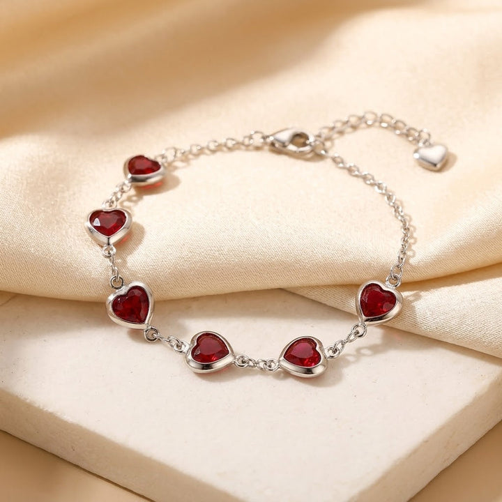 Silver Ruby Heart Link Bracelet