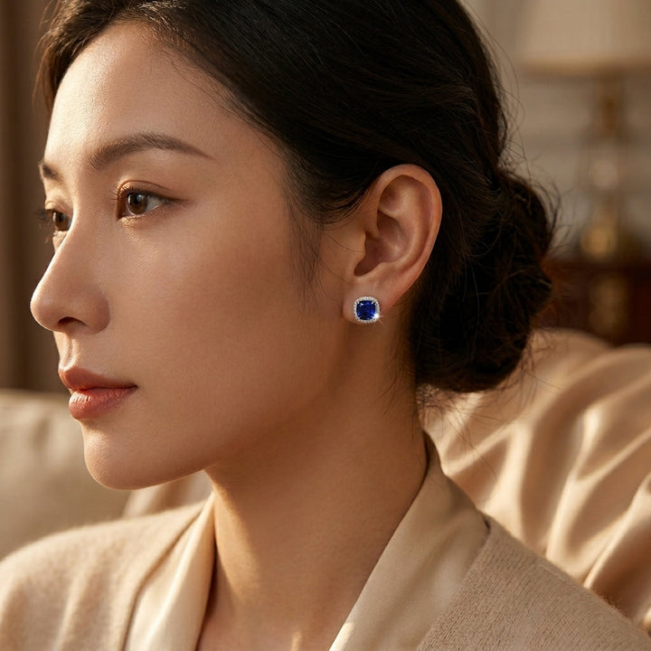 Silver Sapphire Halo Earrings