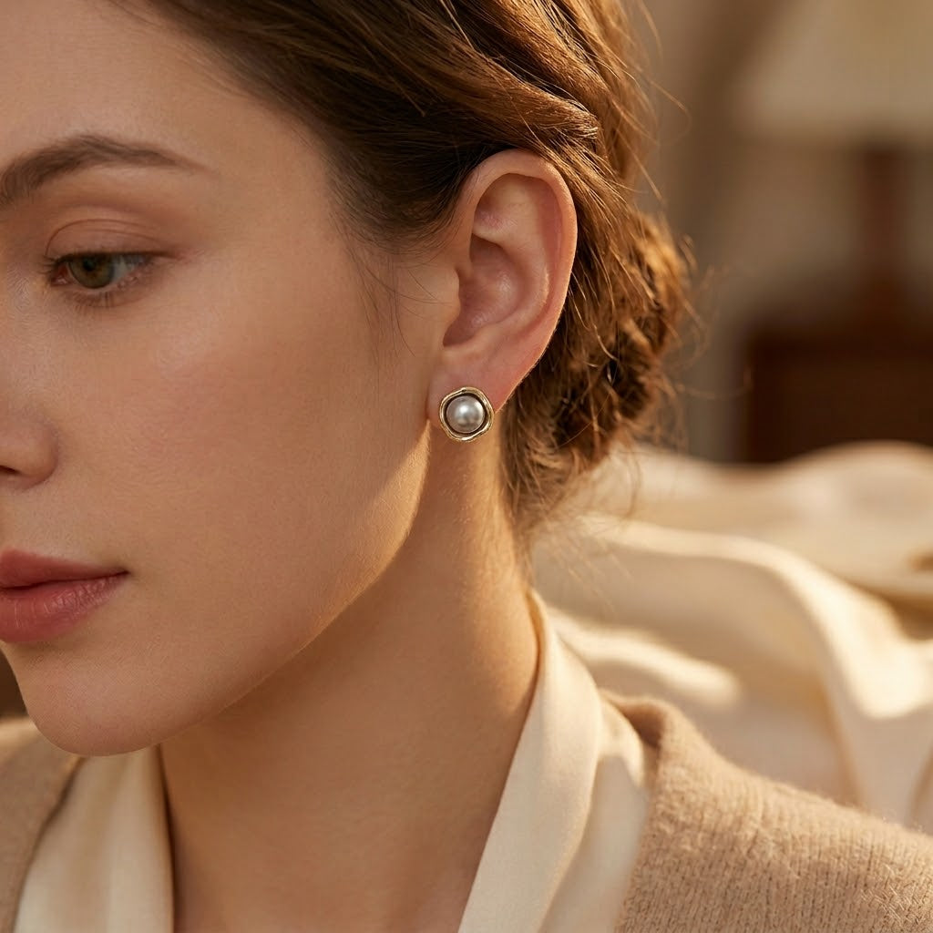 Golden Pearl Stud Earrings