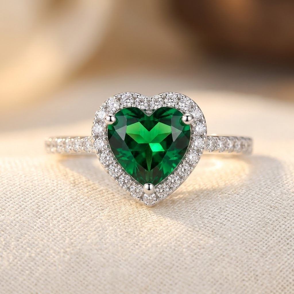 Emerald-Accented Silver Heart Halo Ring