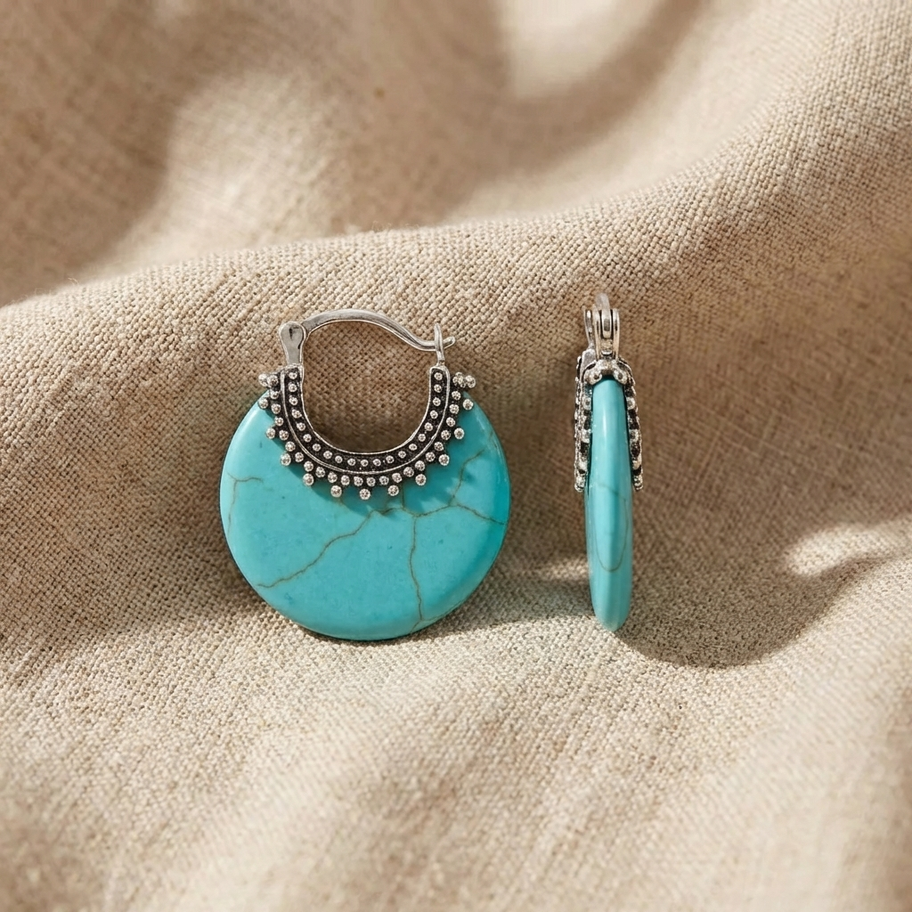 Silver Hoop Earrings with Turquoise Stones