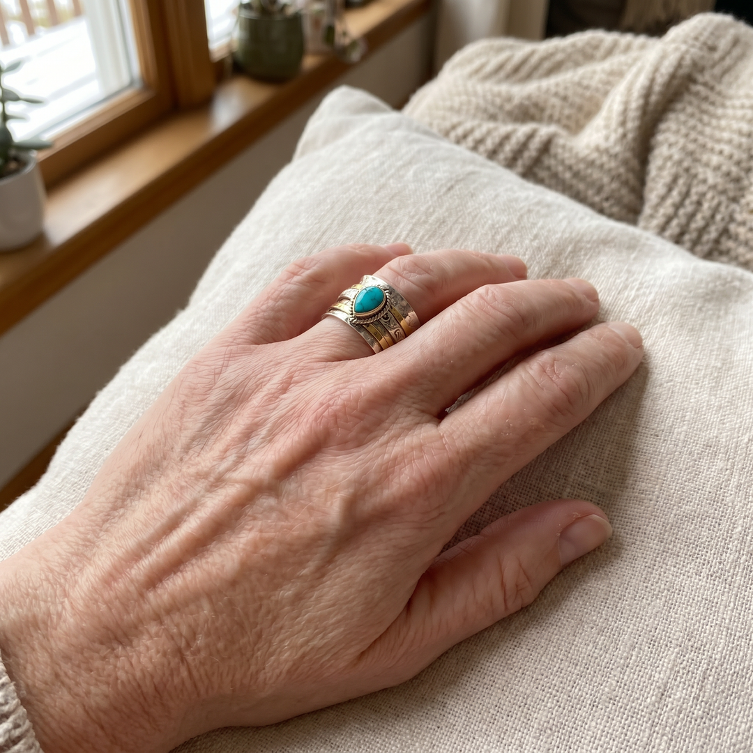 Antique Turquoise Inlay Gold and Silver Ring