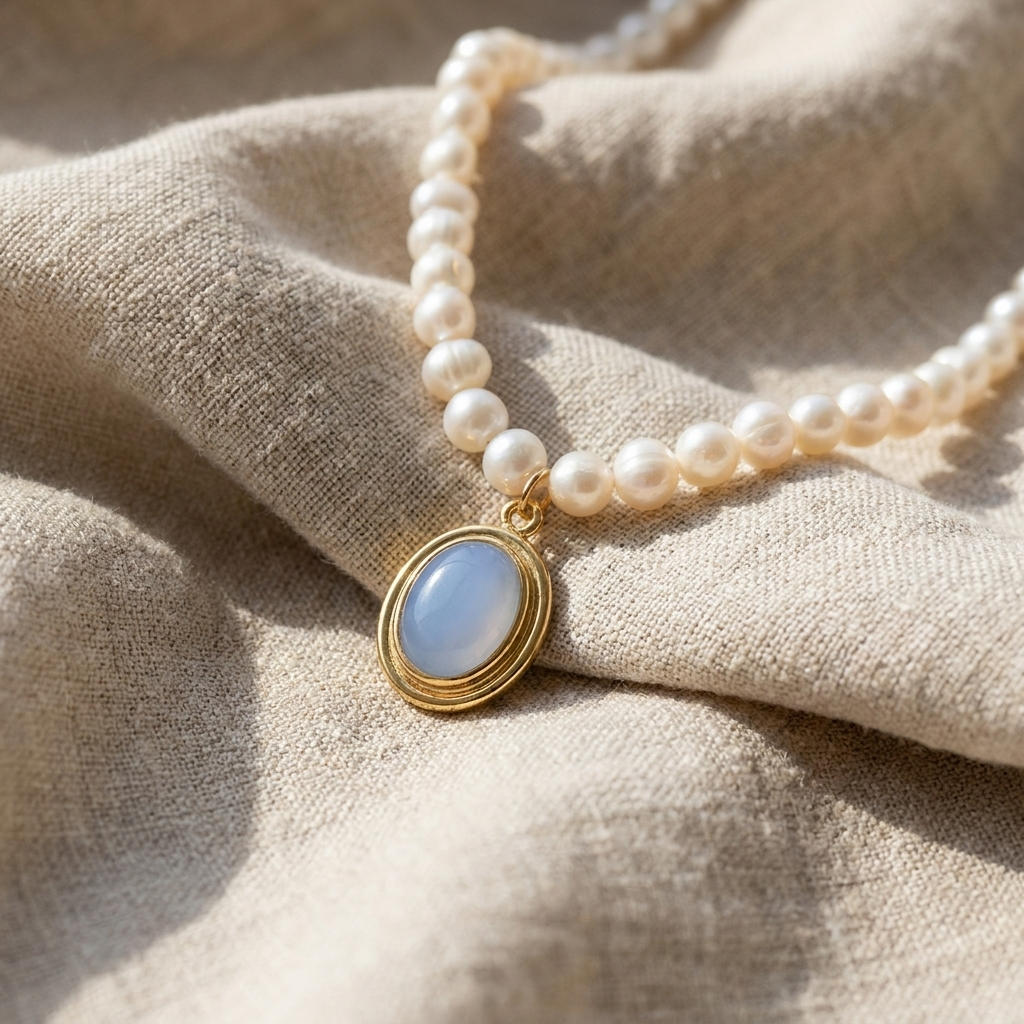 Lunar Gemstone Pendant Necklace Featuring Pearl Details