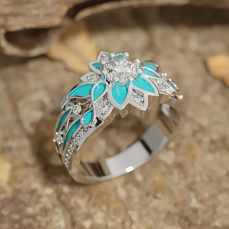 Stylish Turquoise Blossom Crystal Ring