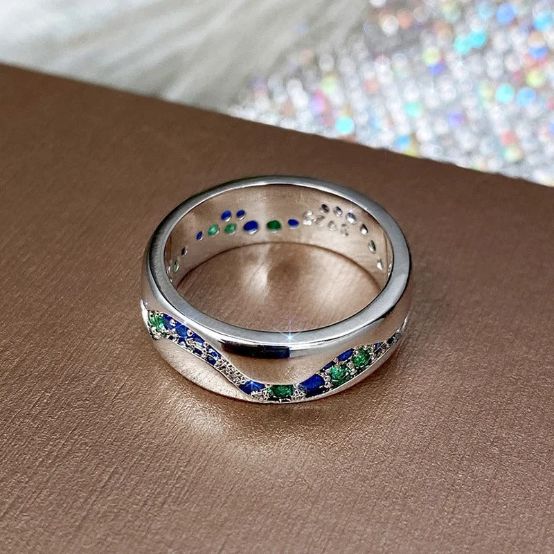 Vintage Silver Wave Band Featuring Blue and Green Gemstones