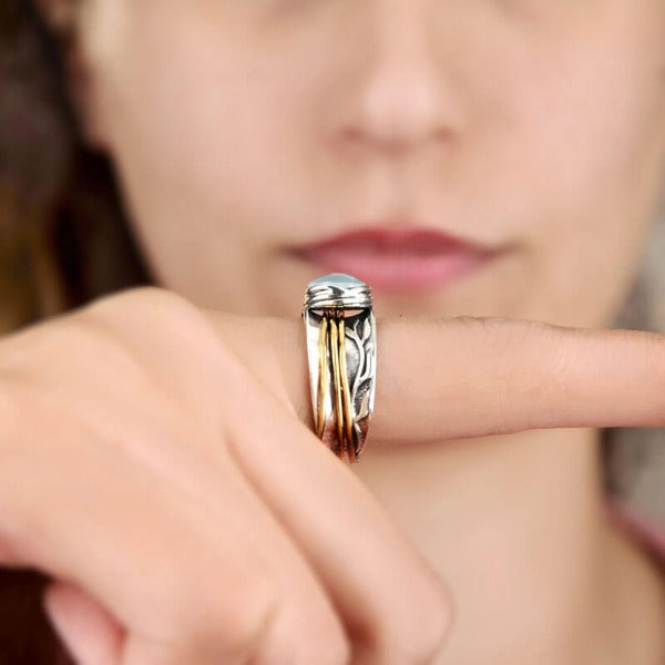 Δαχτυλίδι Spinner Ακουαμαρίνας Εμπνευσμένο από τη Φύση σε Ασήμι 925