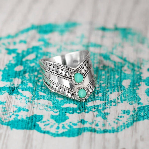 Δαχτυλίδι Boho Chevron με Πράσινο Τυρκουάζ από Ασημένιο Σterling