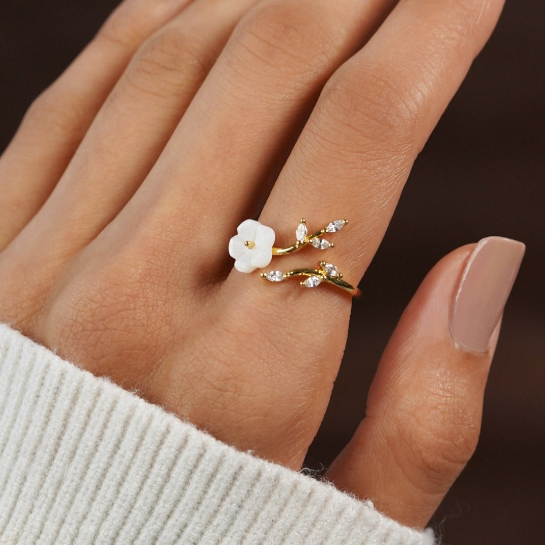 Golden Leaf-Inspired Open Ring with Floral Accents